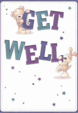 A heartwarming slice of Leytonstone life finds its way into this get well card-an illustration where comfort and lightness are celebrated in every brushstroke. A delightfully plush teddy bear sits at the top of the vibrant word 'GET,' its friendly eyes sparkling with cheerful hope, while below, a lively puppy joyously leans on the bold 'WELL.' The rounded, expressive lines bring an emotional warmth that seems to radiate past the page, tasting of the same gentle care found in a hand-delivered bouquet from the streets of Leytonstone. Hues of deep purple and teal lend the design a sense of sophistication and calm, while whimsical stars dot the background, each one carrying a wish for speedy recovery, reminiscent of starlit evenings near Leytonstone High Road. The pristine white canvas embodies cleanliness and renewal, ideals so central to genuine get well wishes. Saying as much with colour and shape as with words, this card mirrors the attention to detail and personal touch that Florist Leytonstone brings to every arrangement. The overall mood is uplifting and nurturing, making it a perfect gesture of comfort for anyone in the Leytonstone community in need of a boost.
